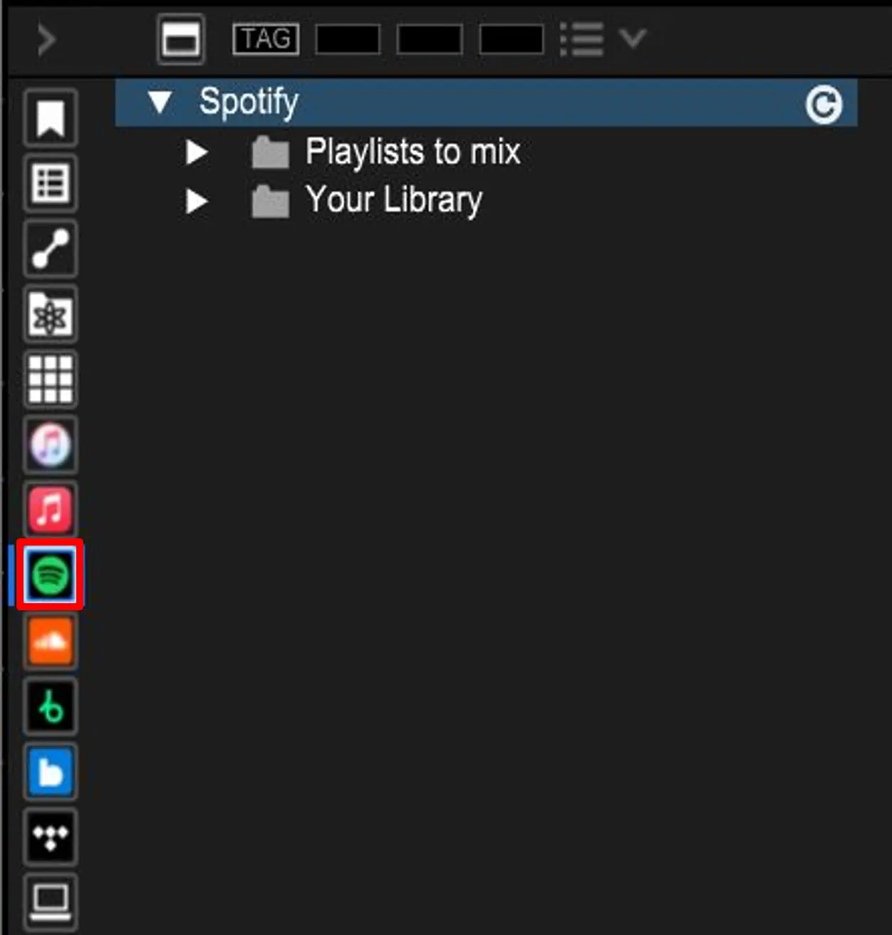Spotify integrado en la biblioteca de Rekordbox con acceso a playlists y canciones.
