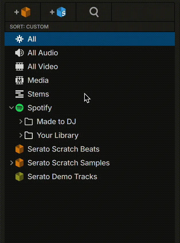 Spotify integrado en la biblioteca de Serato DJ Pro con acceso a playlists y canciones.