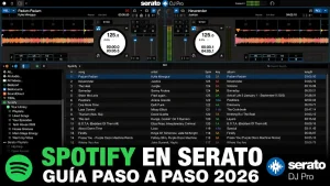 Spotify integrado en Serato DJ Pro con playlists y canciones cargadas en los decks