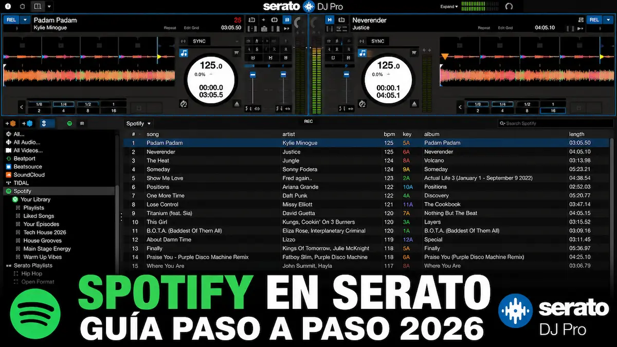 Spotify integrado en Serato DJ Pro con playlists y canciones cargadas en los decks