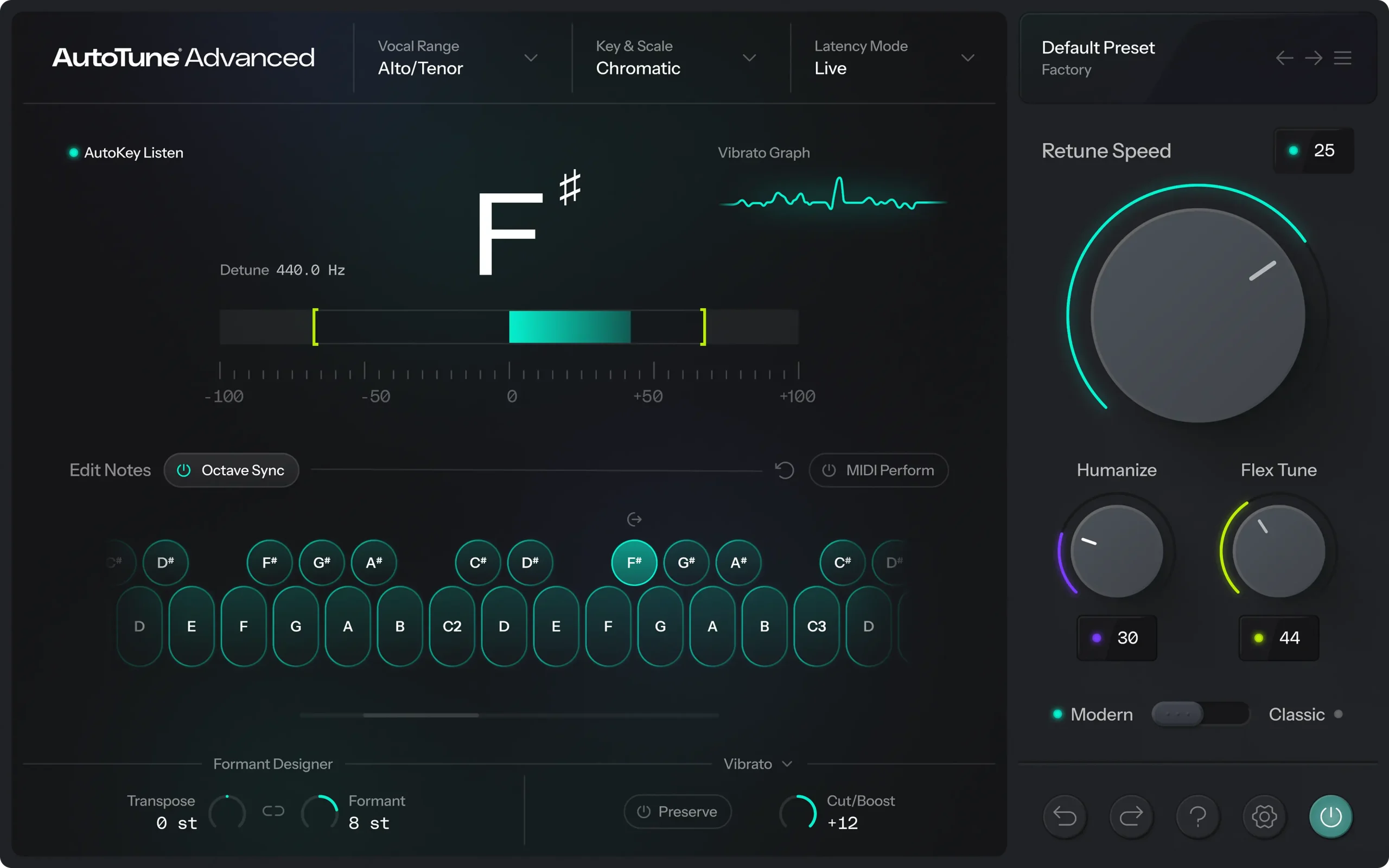 Interfaz principal de AutoTune Advanced con controles de afinación, vibrato y Retune Speed