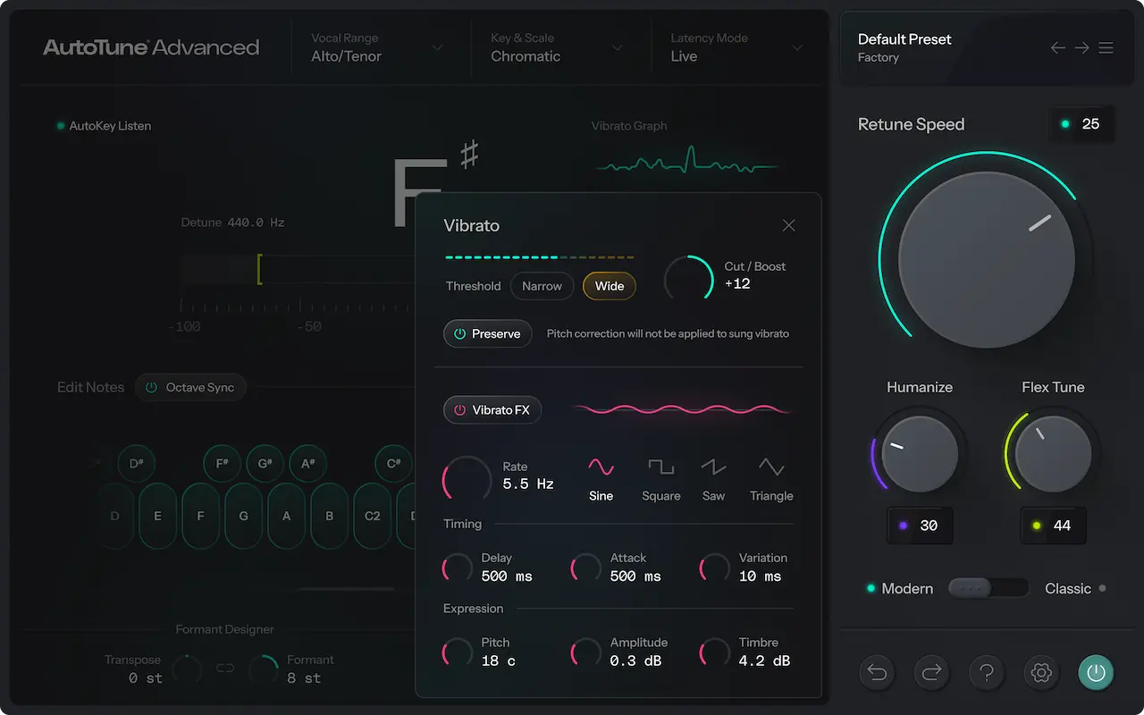 Panel de vibrato DVA de AutoTune Advanced para conservar o modificar el vibrato de la voz