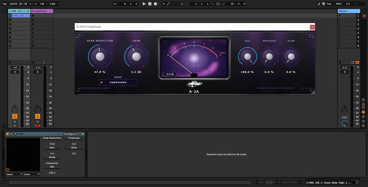 Astra A-2A funcionando en Ableton Live 11 durante una prueba de compresión