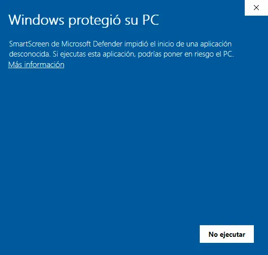 Aviso de SmartScreen al instalar Astra A-2A en Windows