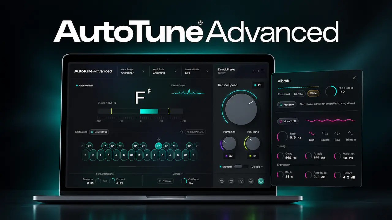 AutoTune Advanced mostrando el sistema DVA y los controles de vibrato