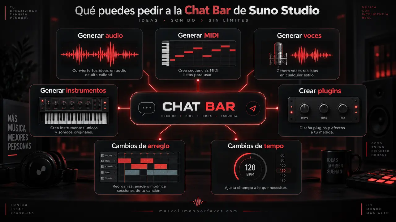 Infografía sobre la Chat Bar de Suno Studio con opciones para generar audio, MIDI, voces, instrumentos, plugins y cambios de arreglo o tempo