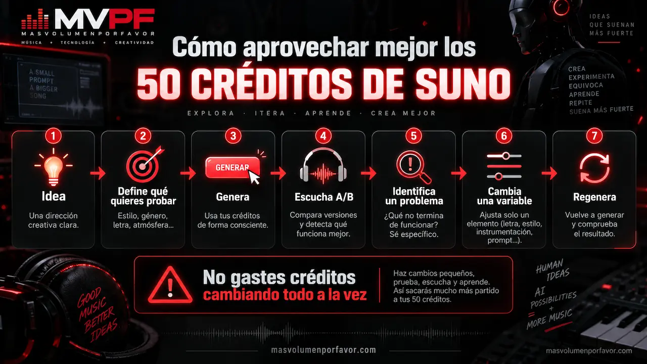 Cómo aprovechar mejor los 50 créditos de Suno cambiando una sola variable cada vez y comparando resultados