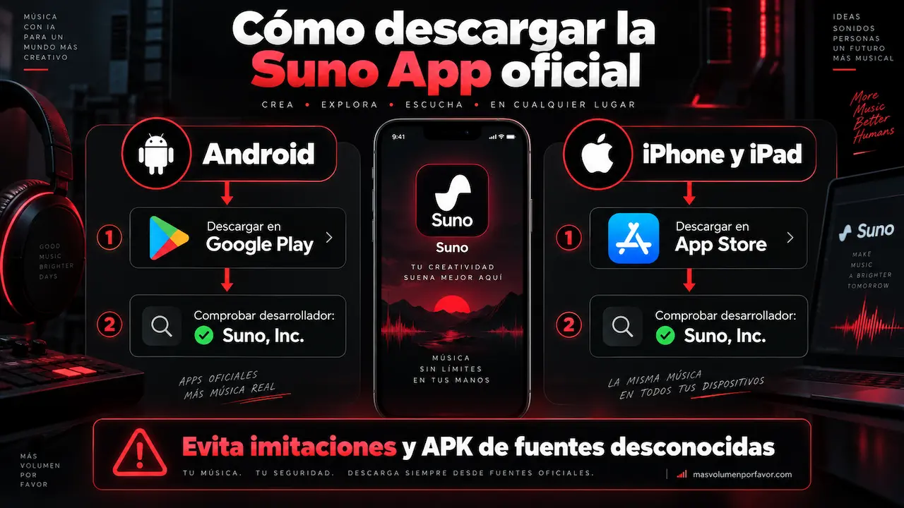 Google Play y App Store con el desarrollador oficial Suno, Inc. señalado