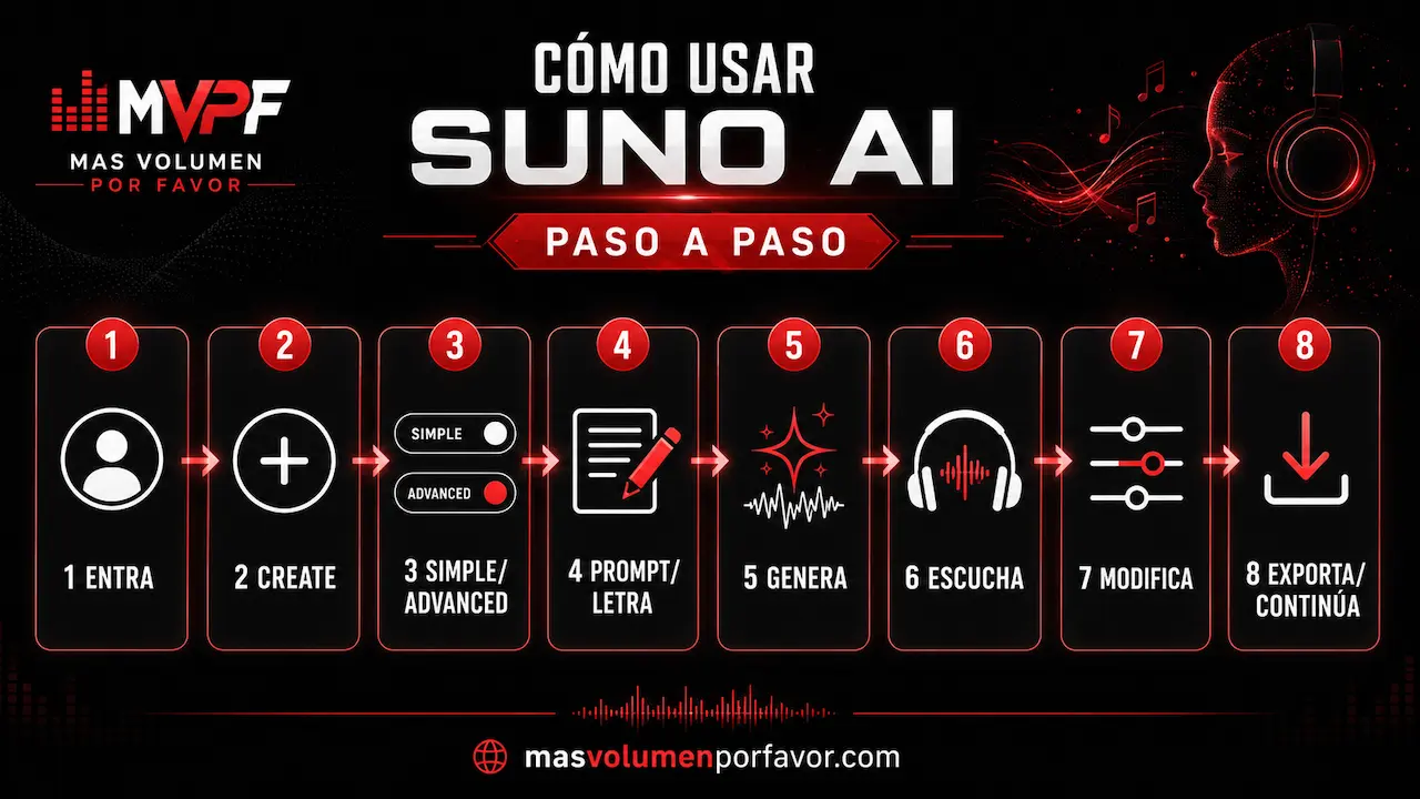 Proceso paso a paso desde Create hasta generar, escuchar, modificar y exportar música