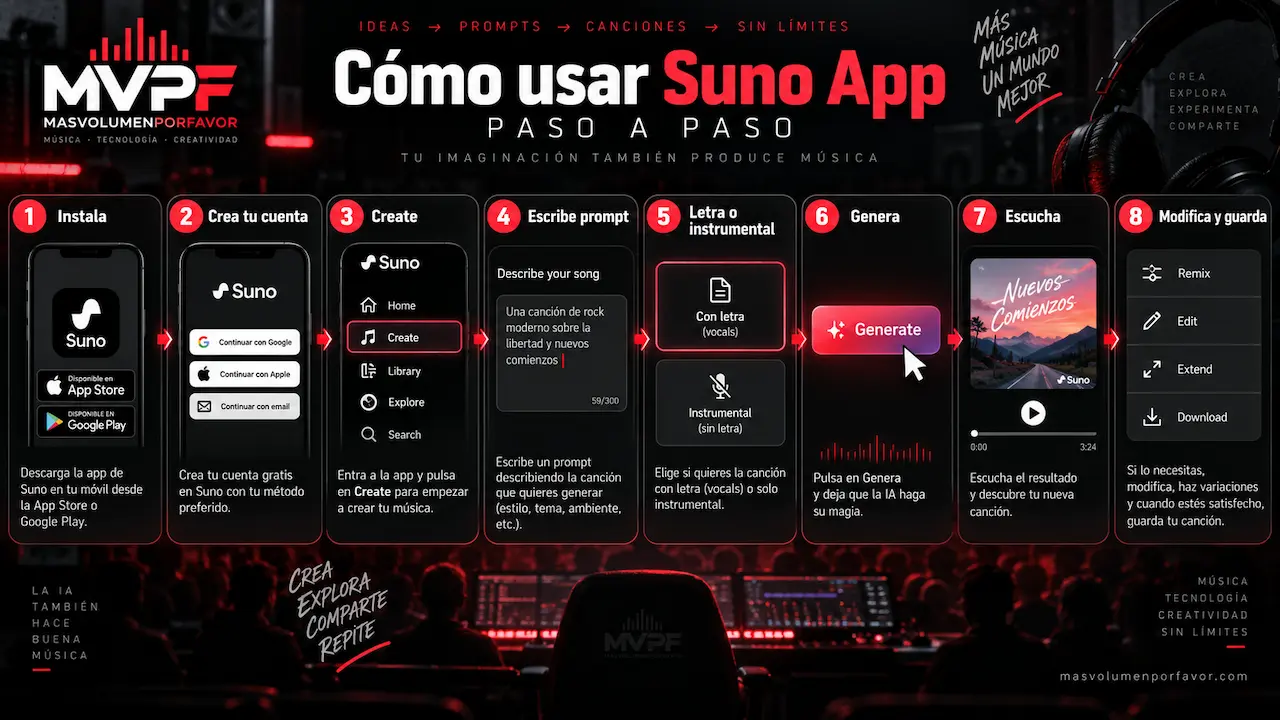 Flujo de ocho pasos desde instalar la aplicación hasta generar, escuchar y guardar una canción