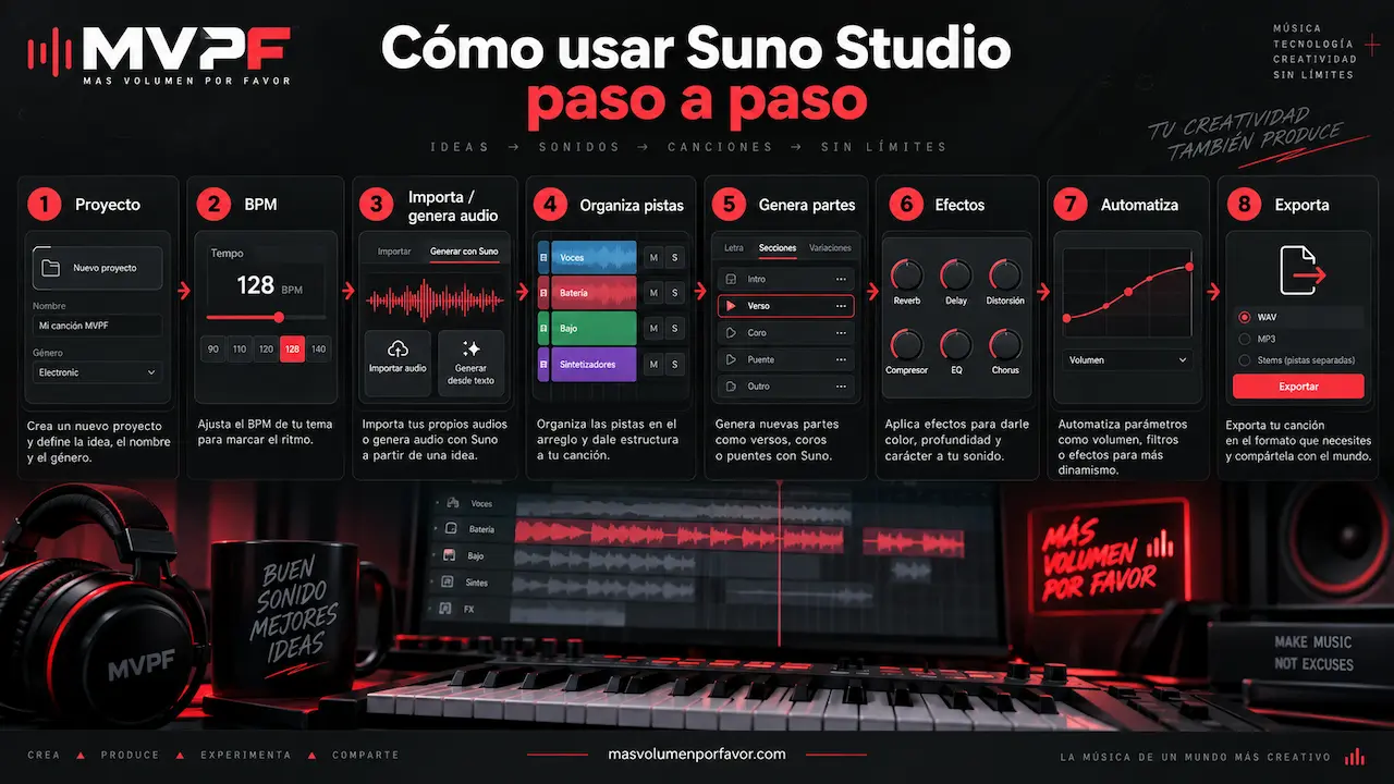 Infografía sobre cómo usar Suno Studio paso a paso: proyecto, BPM, importar o generar audio, organizar pistas, generar partes, aplicar efectos, automatizar y exportar