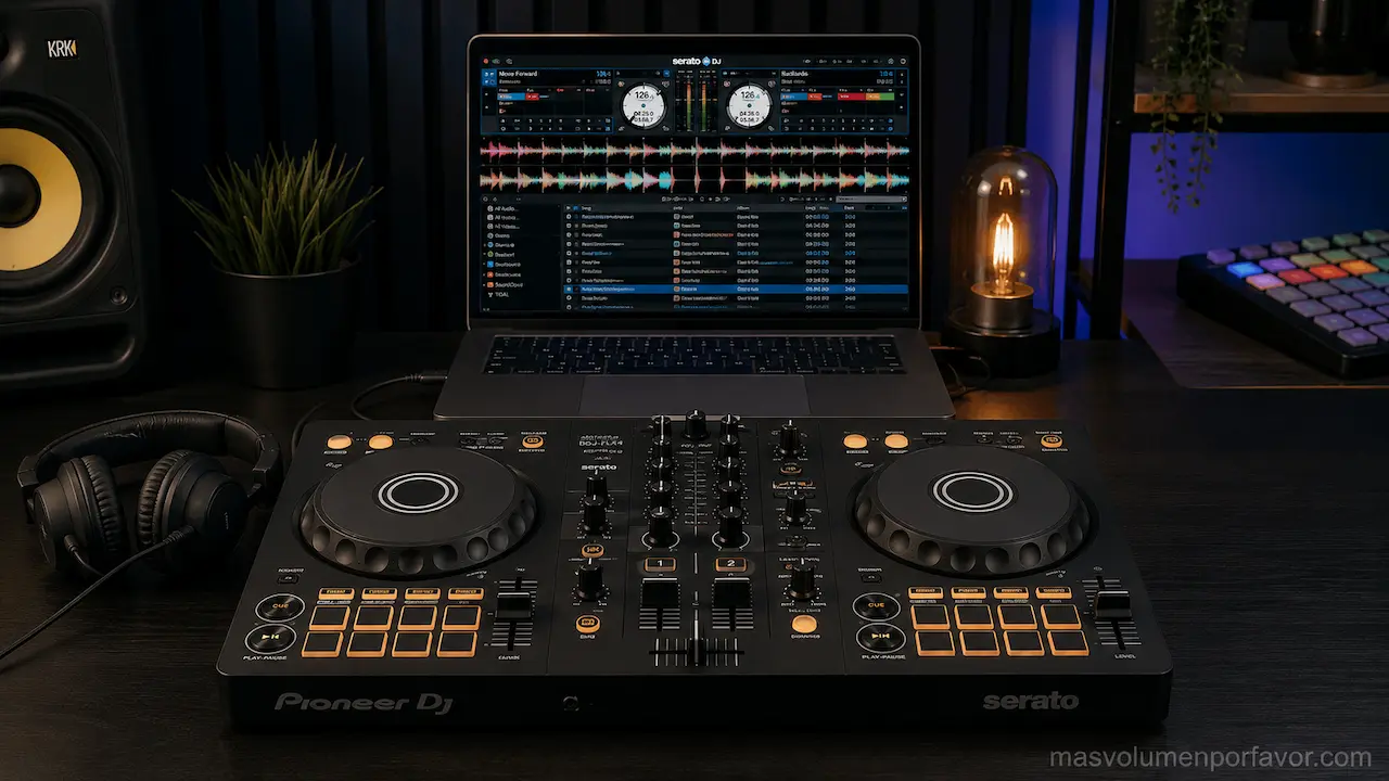 Controladora DDJ-FLX4 conectada a un portátil mostrando Serato DJ en un escritorio profesional