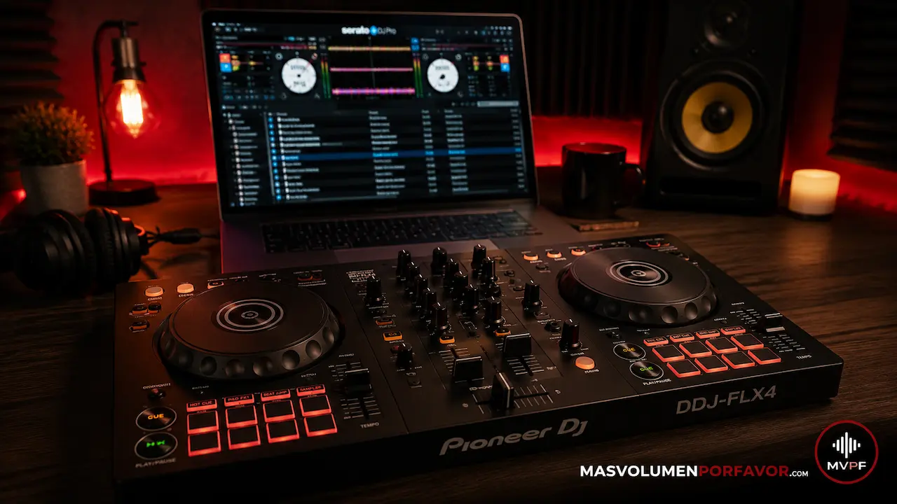 DDJ-FLX4 con Serato DJ en un estudio doméstico con portátil, auriculares y monitores