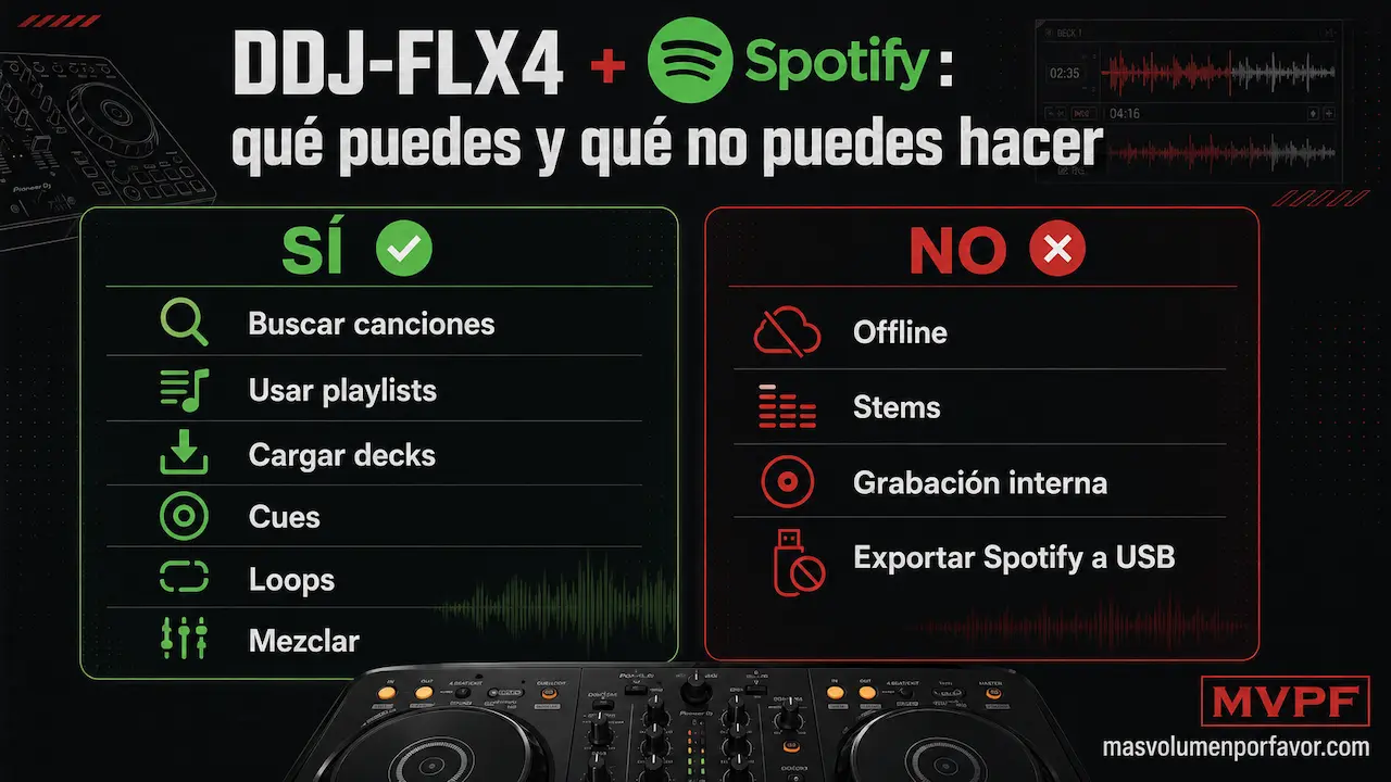 Infografía sobre lo que permite y no permite Spotify con la controladora DDJ-FLX4