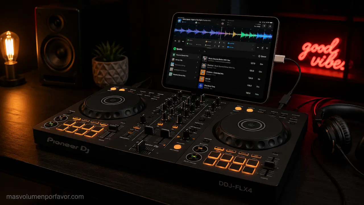 DDJ-FLX4 conectada a una tablet con software DJ y biblioteca de Spotify