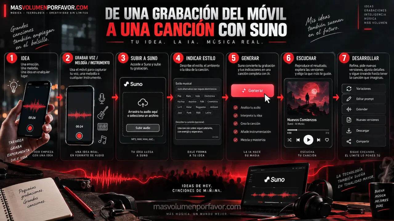 Proceso para transformar una grabación de voz, melodía o instrumento del móvil en una canción