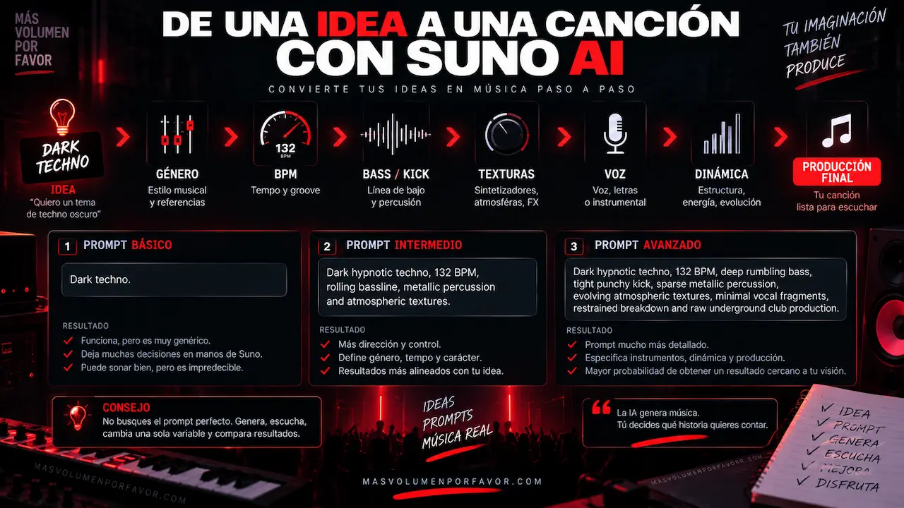 Cómo pasar de una idea de dark techno a una canción mediante prompts cada vez más detallados