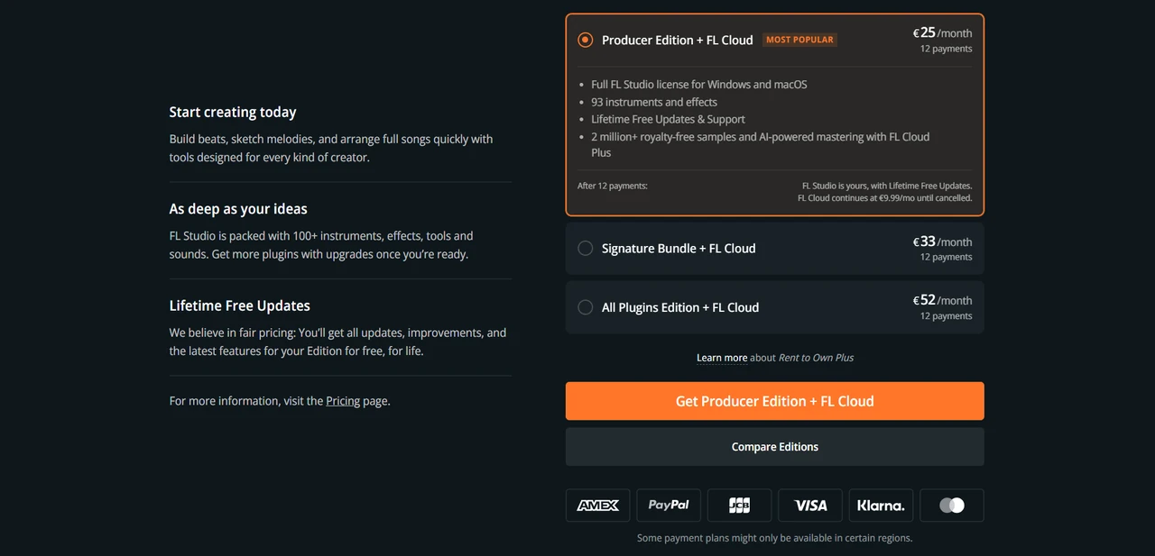 Precios de FL Studio Rent-to-Own Plus para Producer Edition, Signature Bundle y All Plugins Edition