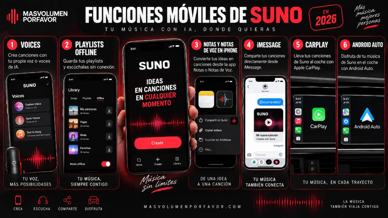 Funciones móviles de Suno con Voices, playlists offline, Notas de Voz, iMessage, CarPlay y Android Auto