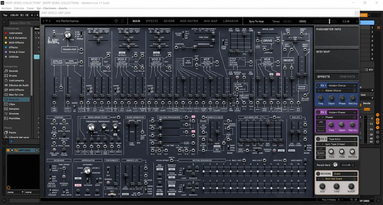 Interfaz de KORG ARP 2600 VST funcionando en Ableton Live