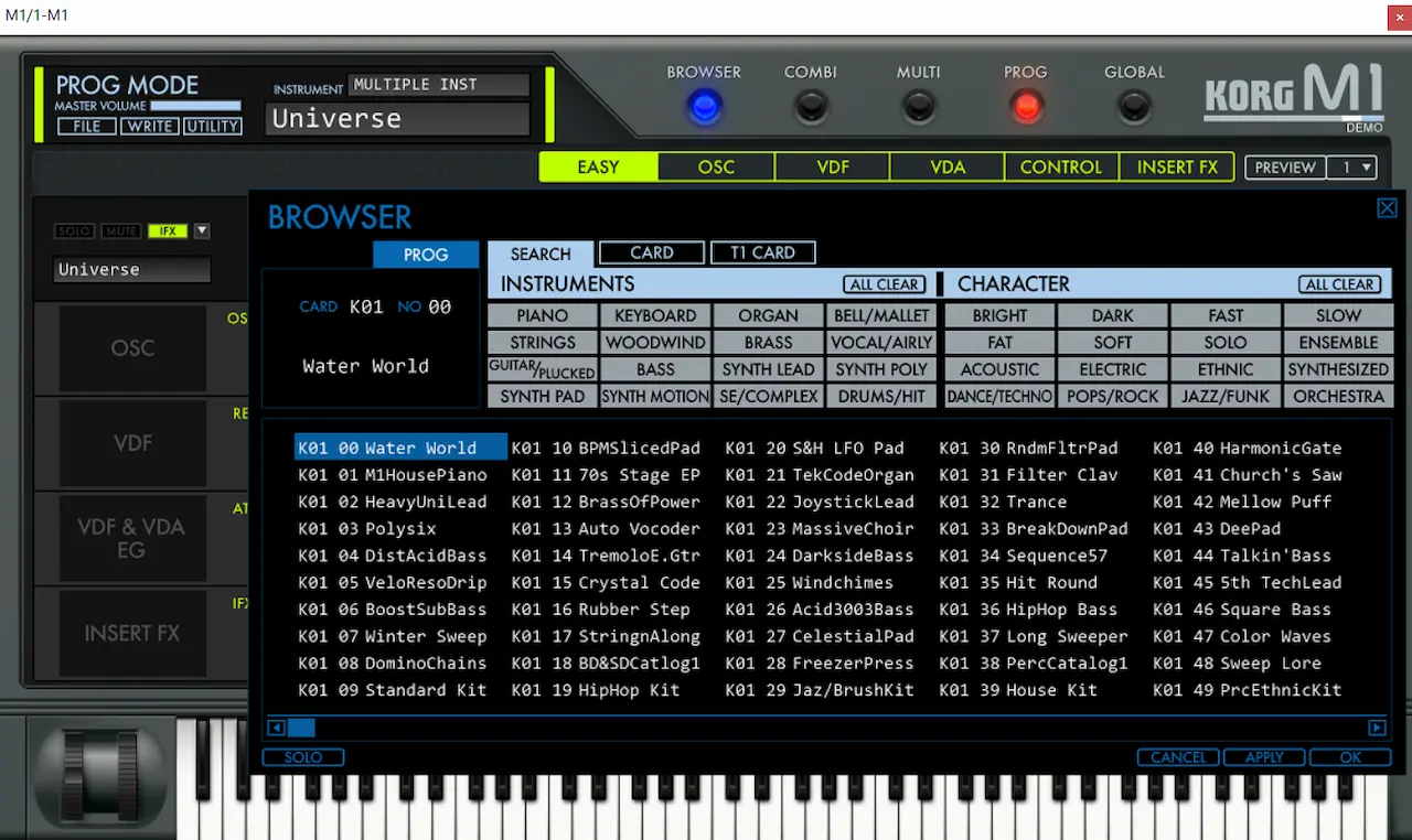 Navegador de presets PROG de KORG M1 V2