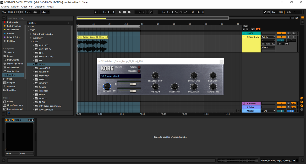 KORG MDE-X con el programa 16 Reverb-Hall aplicado a una pista de guitarra en Ableton Live.