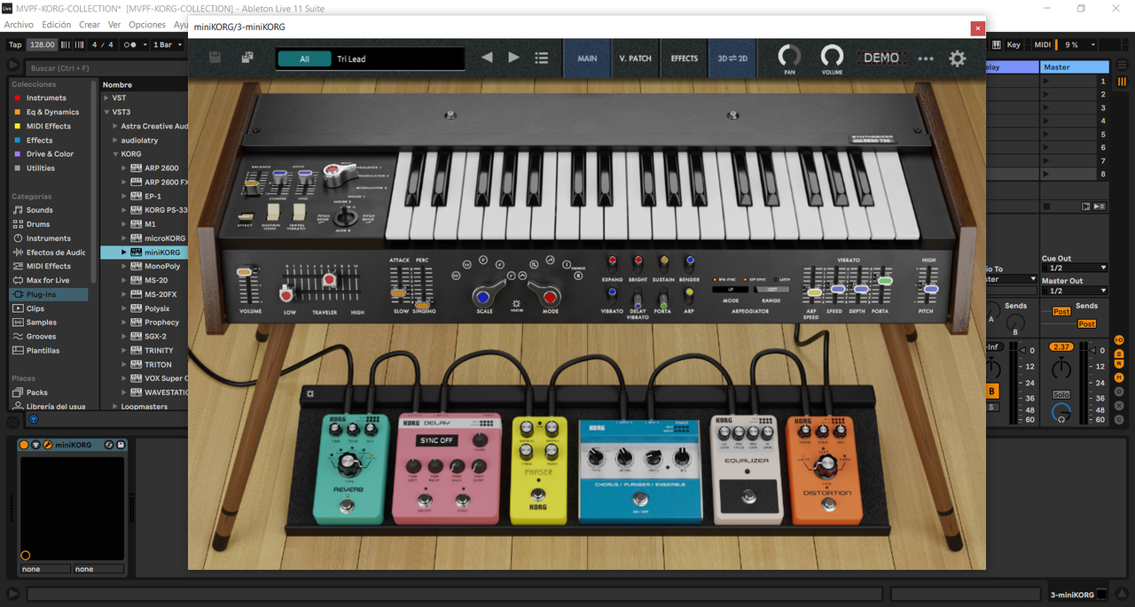 KORG miniKORG 700S en Ableton Live con el preset Tri Lead y su sección de efectos.
