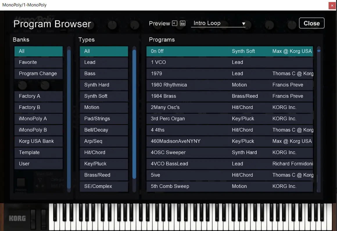 Program Browser y presets de KORG Mono/Poly
