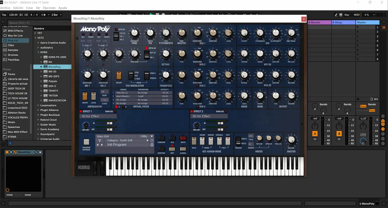 Interfaz de KORG Mono/Poly VST en Ableton Live