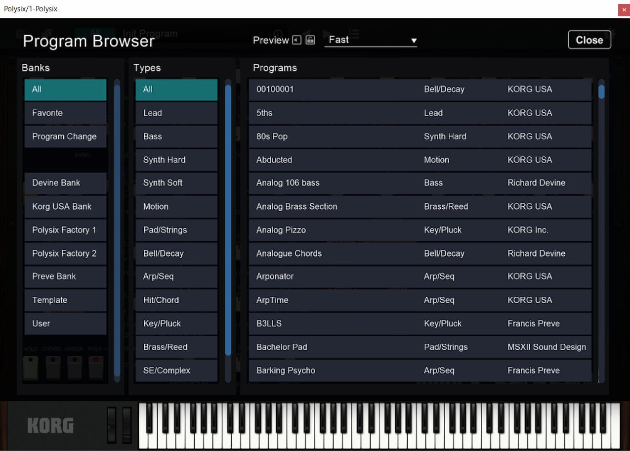 Navegador de presets de KORG Polysix