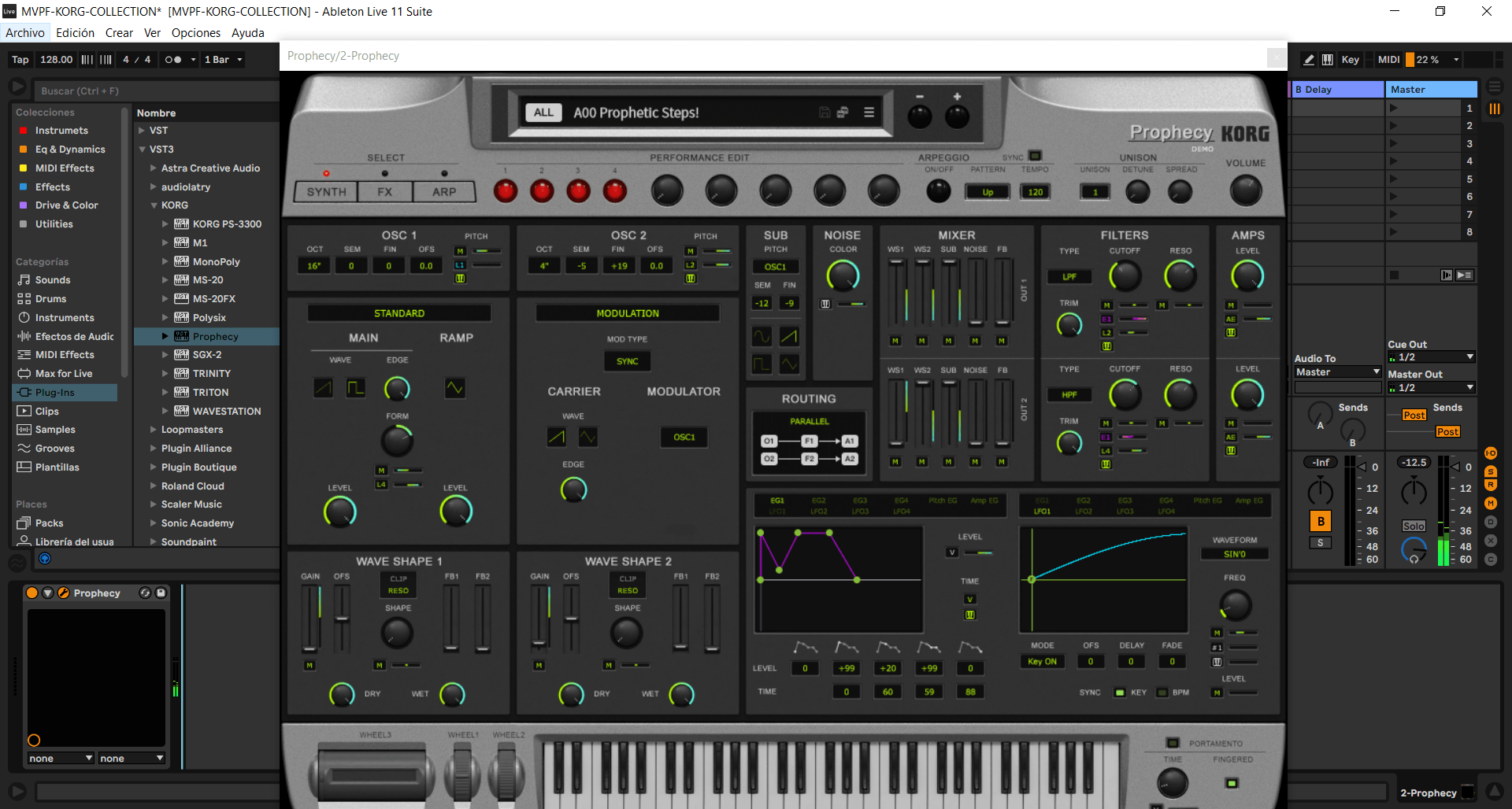 Interfaz de KORG Prophecy VST funcionando en Ableton Live