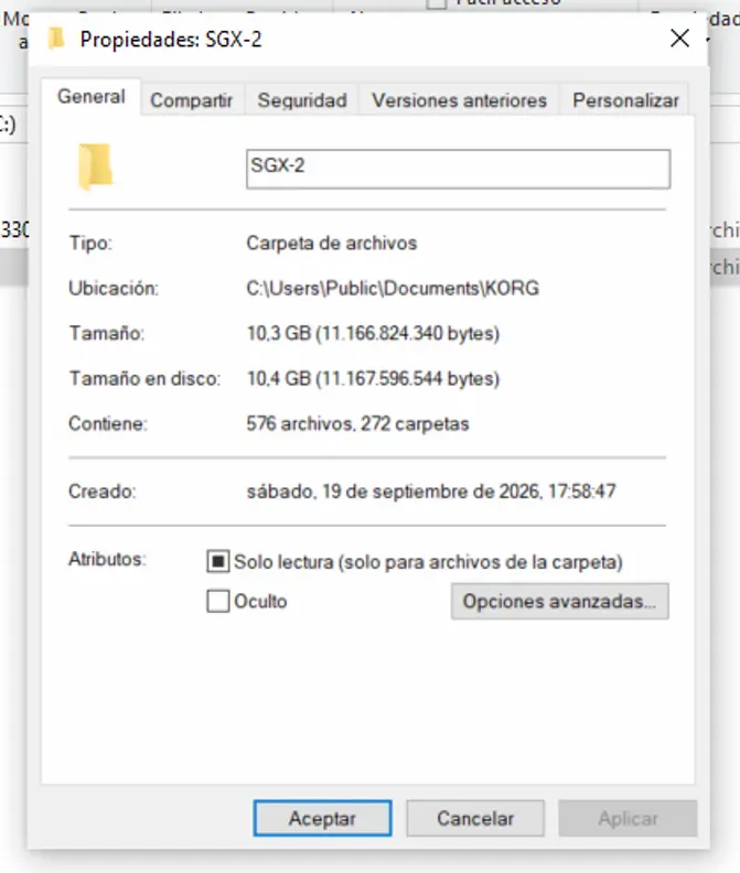 Propiedades de la carpeta de KORG SGX-2 con un tamaño de 10,3 GB