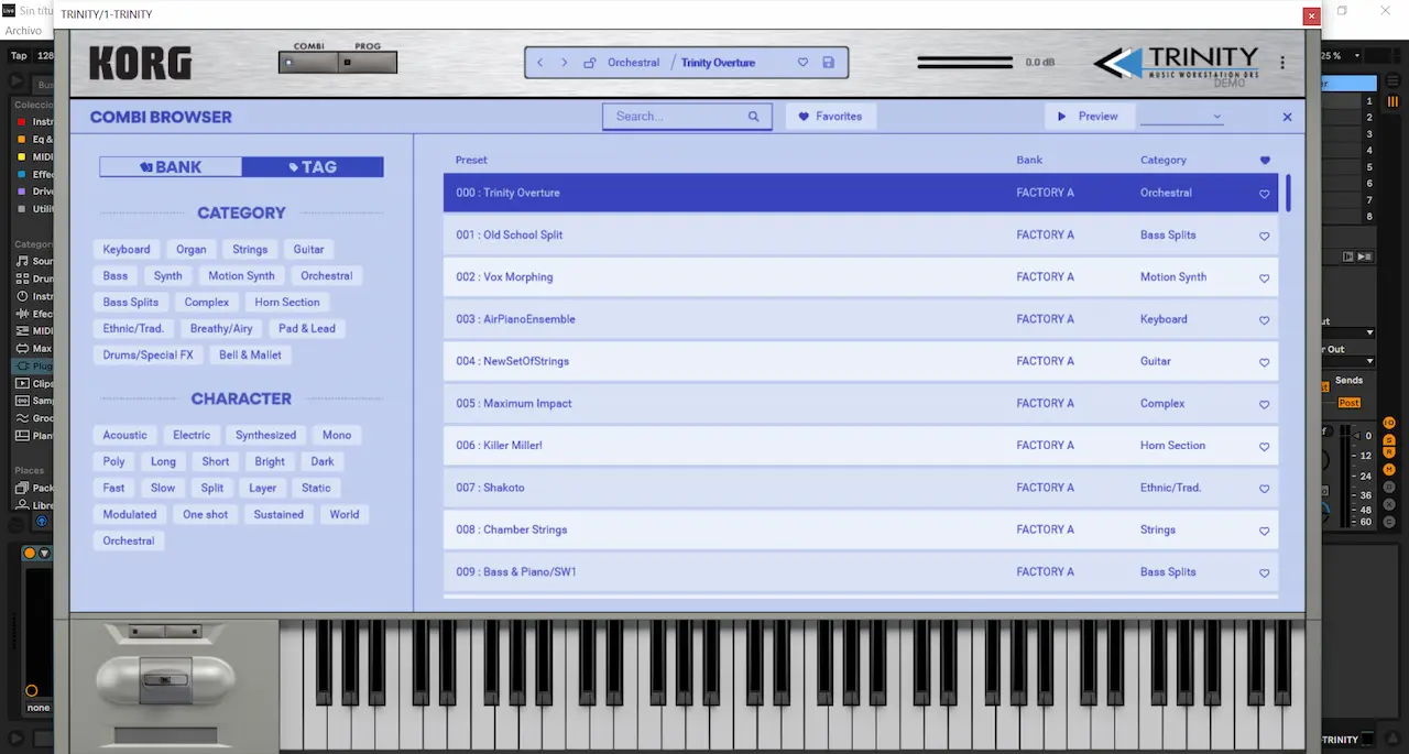 Navegador de presets y categorías de KORG TRINITY