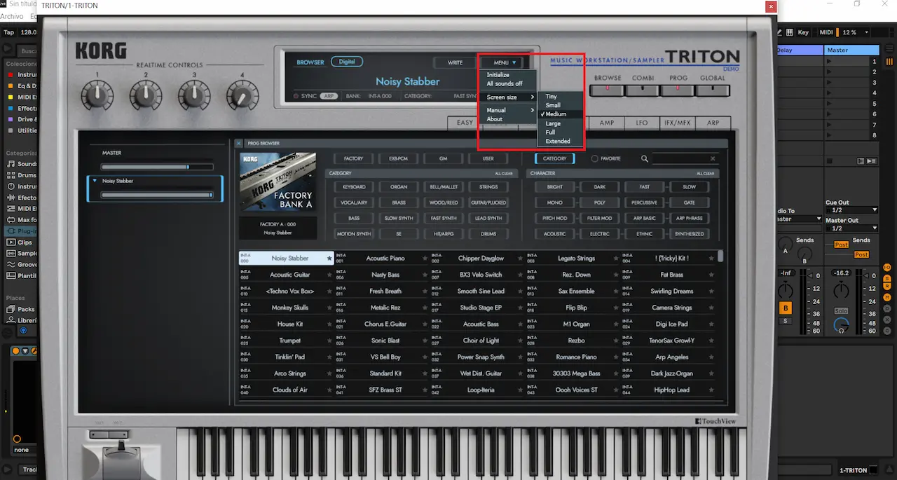 Navegador de presets y opciones de tamaño de KORG TRITON