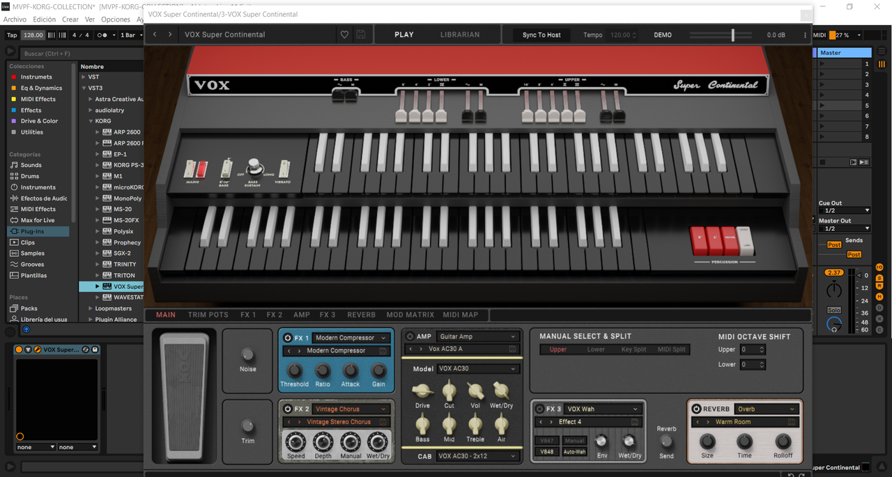Interfaz de KORG VOX Super Continental en Ableton Live, con doble teclado, tiradores y sección de efectos.