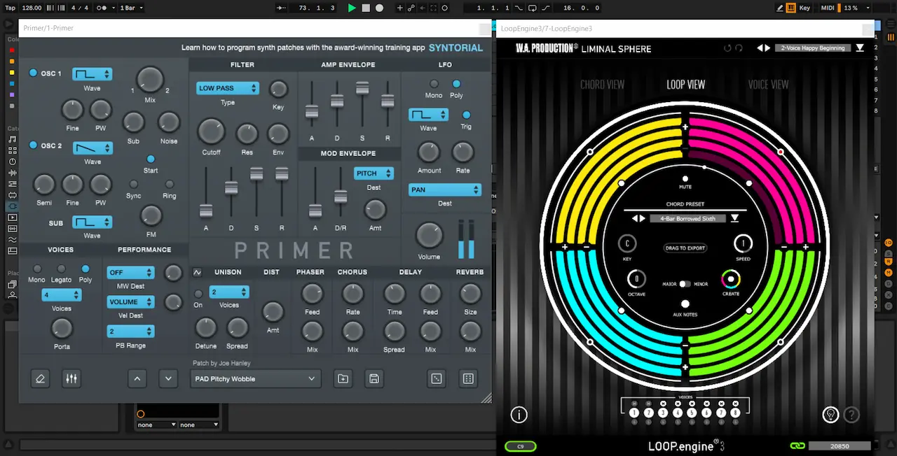 Loop Engine 3 enviando MIDI al sintetizador Primer en Ableton Live