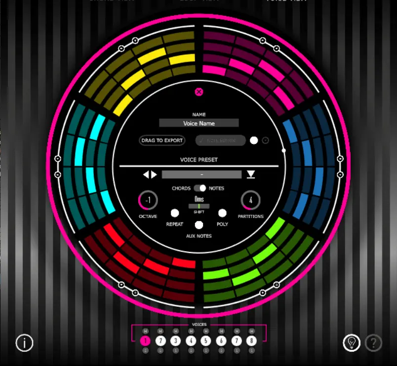 Voice View de Loop Engine 3 con controles de voces y patrones MIDI