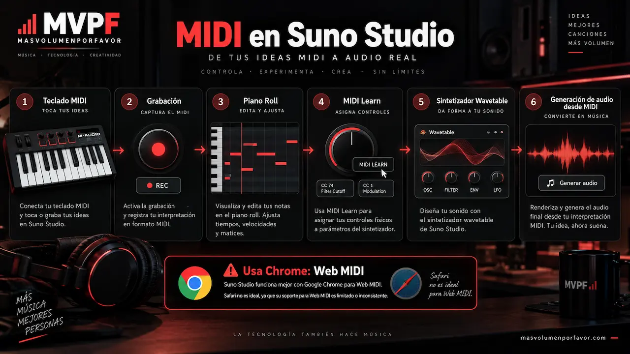 MIDI en Suno Studio con teclado, grabación, piano roll, MIDI Learn, sintetizador wavetable y generación de audio