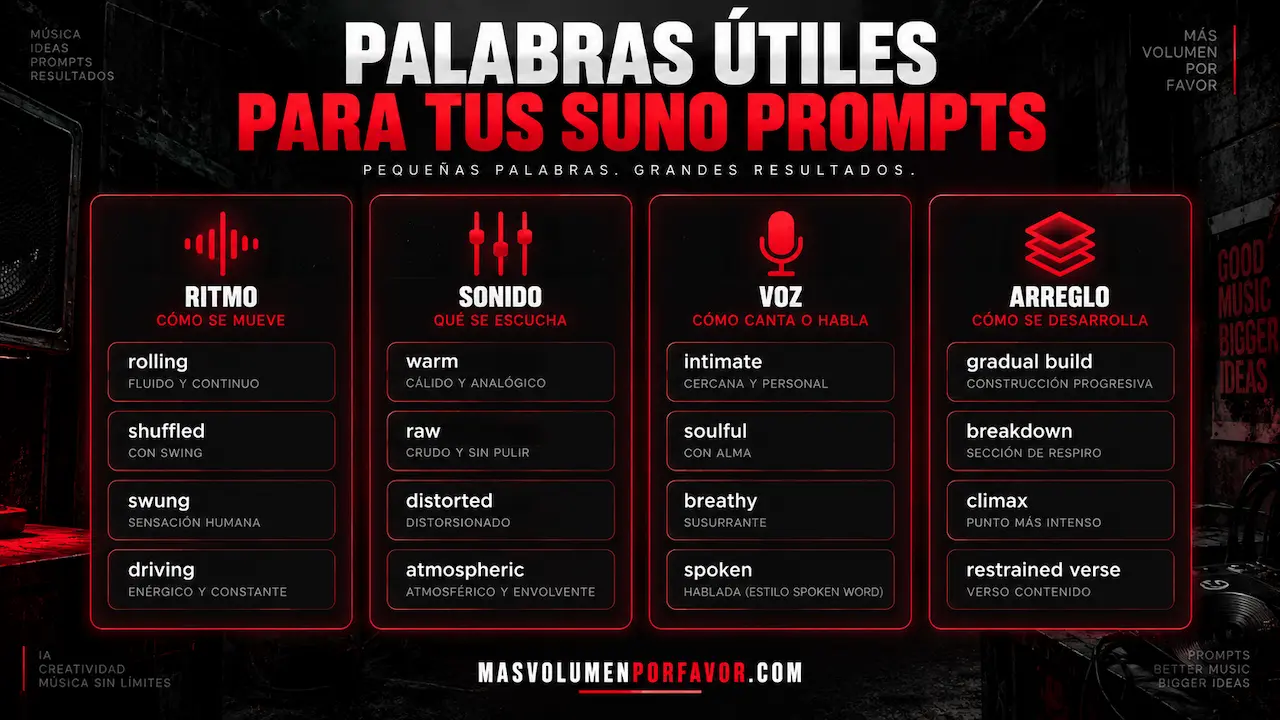 Vocabulario de ritmo, sonido, voz y arreglo para escribir prompts musicales