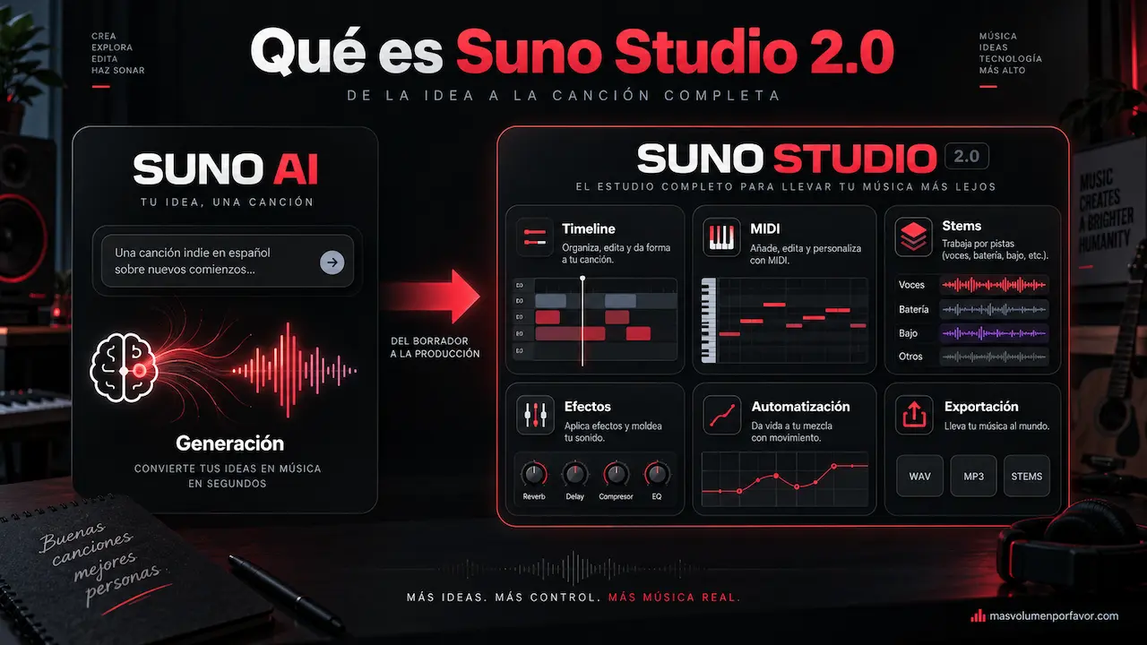 Infografía sobre qué es Suno Studio 2.0 y sus funciones: timeline, MIDI, stems, efectos, automatización y exportación