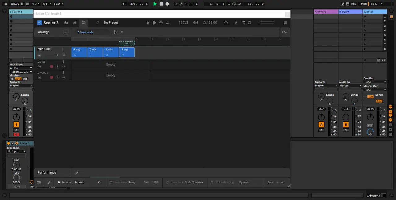 Vista Arrange de Scaler 3 con una progresión de acordes dentro de Ableton Live