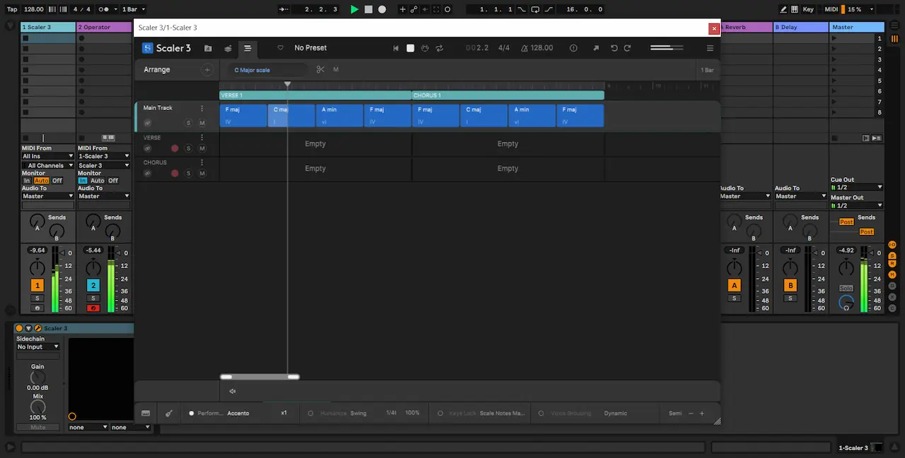 Scaler 3 enviando MIDI a Operator mediante MIDI From en Ableton Live