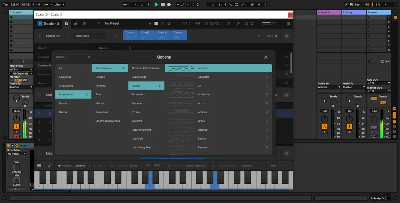Navegador Motions de Scaler 3 aplicado a una progresión en Ableton Live