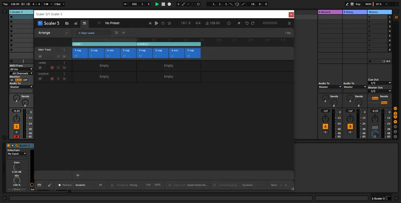 Scaler 3 mostrando las Scenes Verse y Chorus en la vista Arrange dentro de Ableton Live