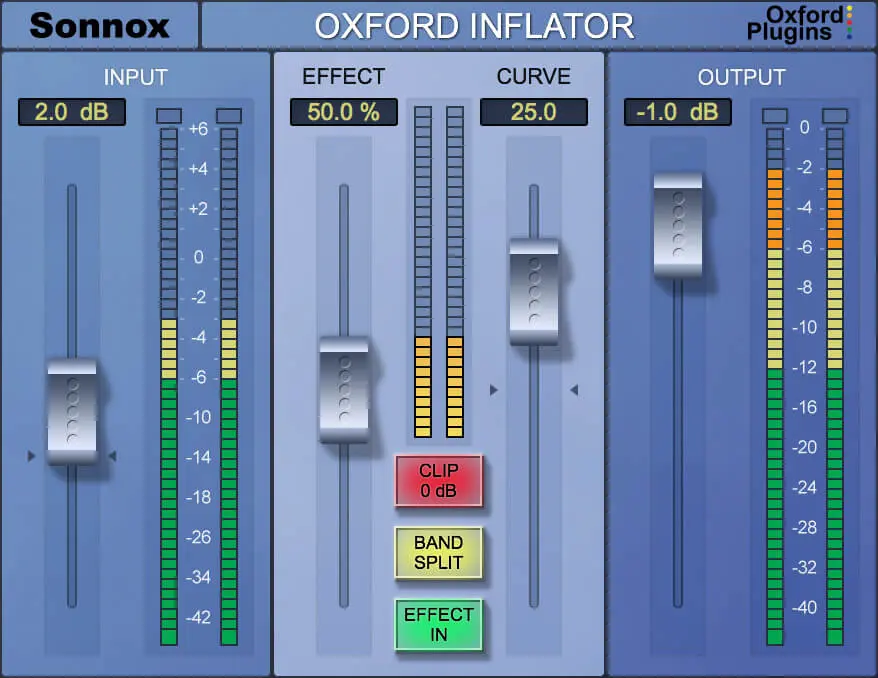 Interfaz de Sonnox Oxford Inflator con controles Input, Effect, Curve y Output