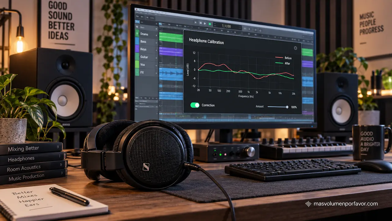 Auriculares profesionales junto a un ordenador con un DAW y una gráfica de calibración de SoundID Reference