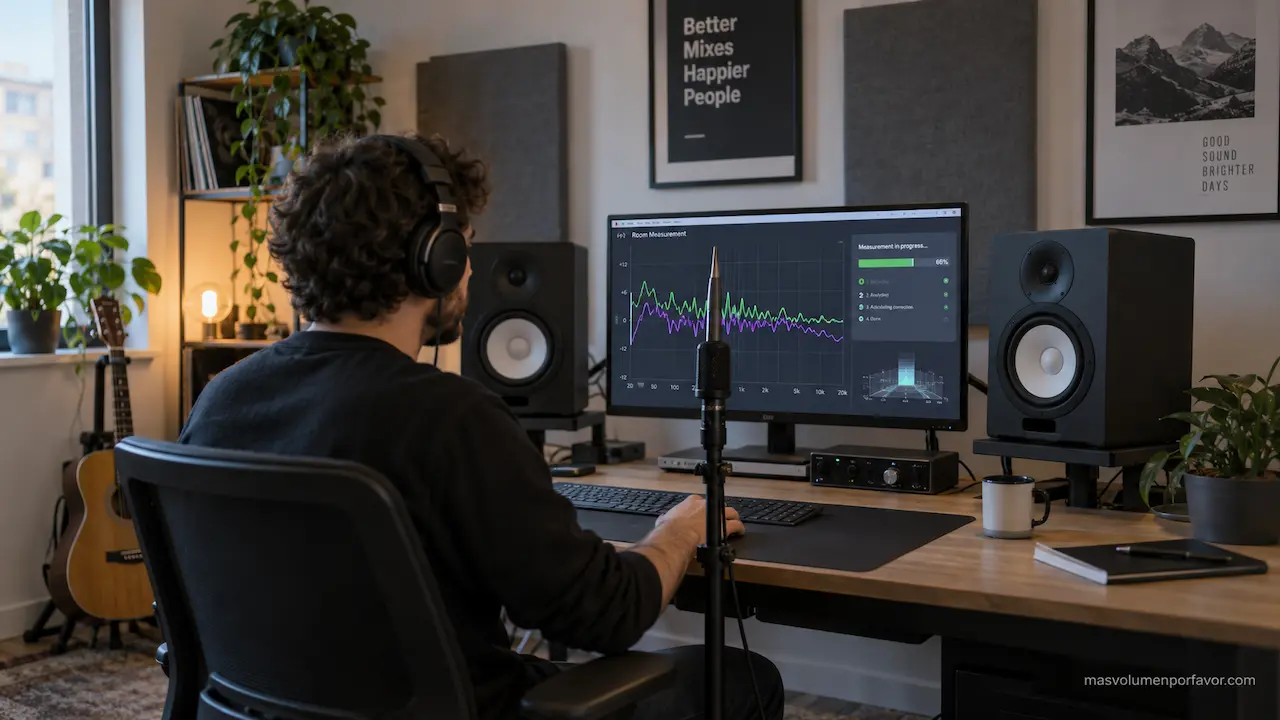 Productor calibrando monitores de estudio con un micrófono de medición y SoundID Reference