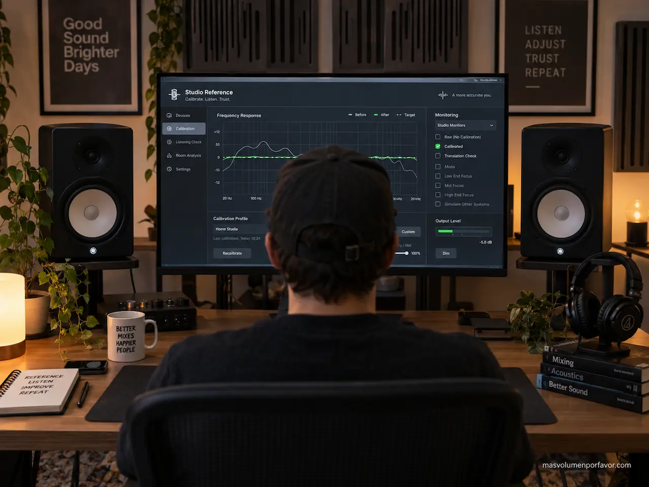 Productor comparando una mezcla con SoundID Reference entre monitores y auriculares en un home studio