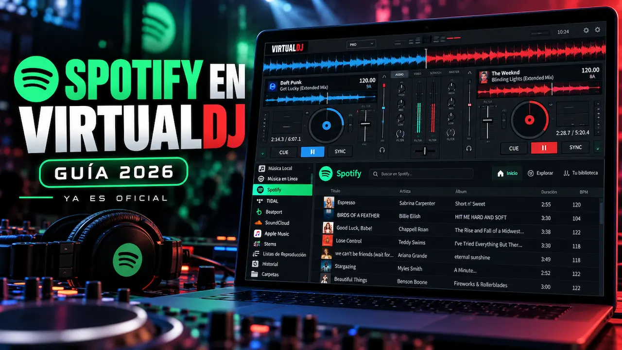 Spotify en VirtualDJ en 2026 con la interfaz del programa y una guía visual de la nueva integración