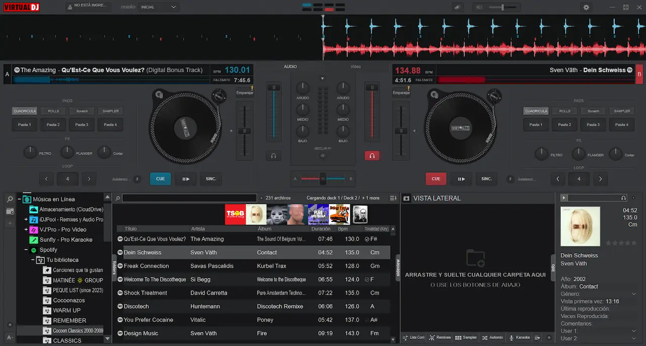 Spotify integrado en VirtualDJ 2026 con playlists y canciones cargadas en los decks